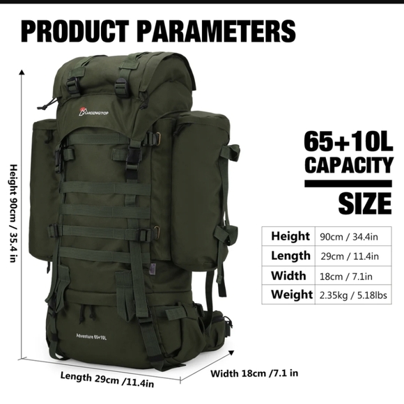 Mardingtop 65+10L Molle Hiking Internal Frame Backpacks W Rain Cover - Picture 3 of 4